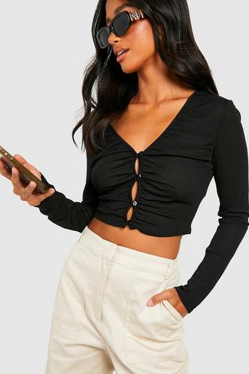 Black Petite Ruched Button Front Crop Top