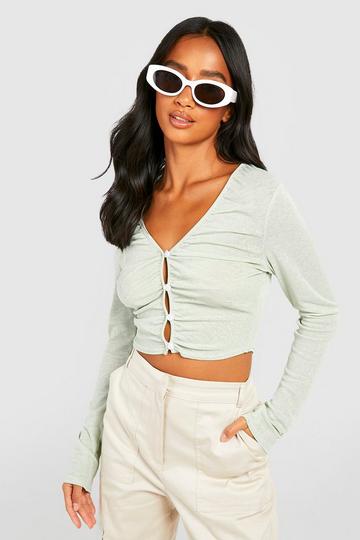 Petite Ruched Button Front Crop Top sage