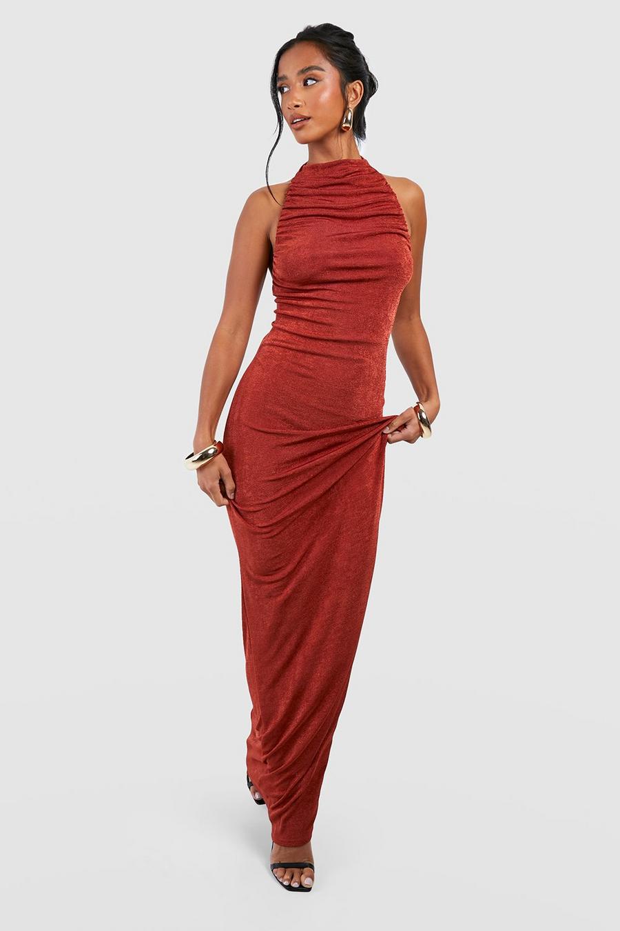 Rust Petite Slinky Drape Front Strappy Back Maxi Dress image number 1