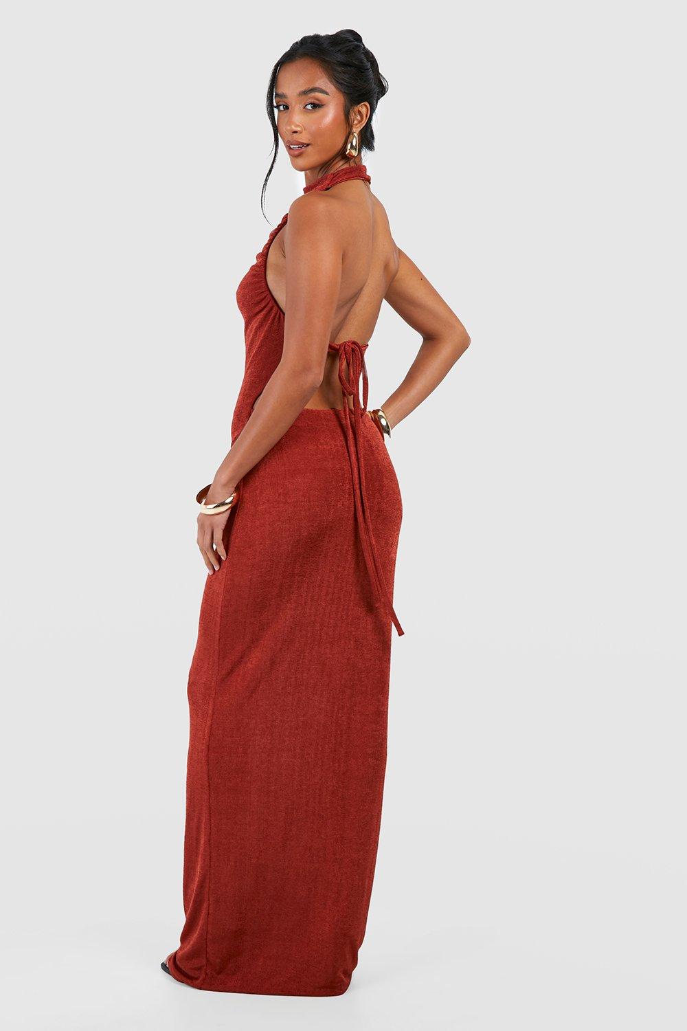 Petite Slinky Drape Front Strappy Back Maxi Dress boohoo AU