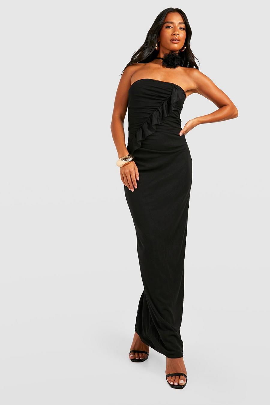 Black Petite Asymmetric Ruffle Mesh Maxi Dress image number 1