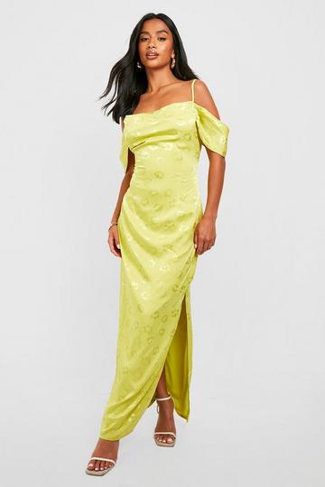 Chartreuse Yellow Petite Floral Jaquard Cold Shoulder Satin Maxi Dress