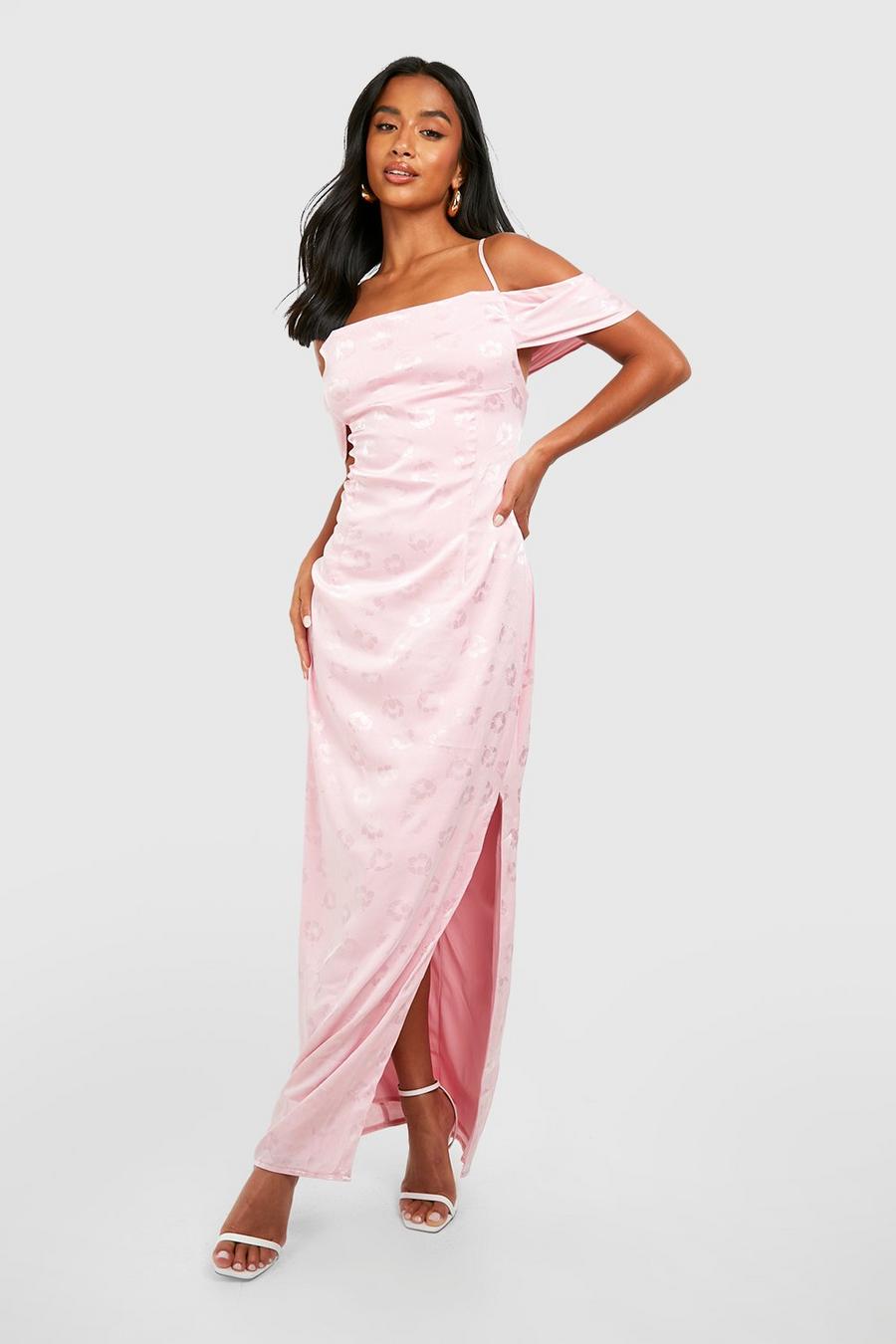 Pink Petite Floral Jaquard Cold Shoulder Satin Maxi Dress