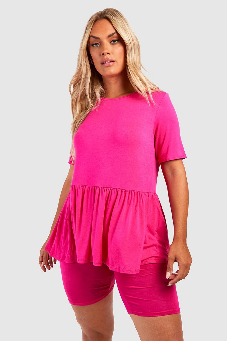 Hot pink Plus Jersey Smock And Cycling Short Set