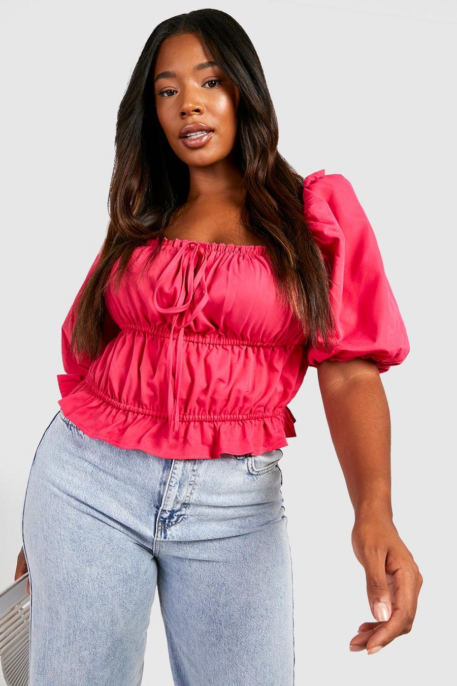 Raspberry Plus Puff Sleeve Shirred Top  image number 1
