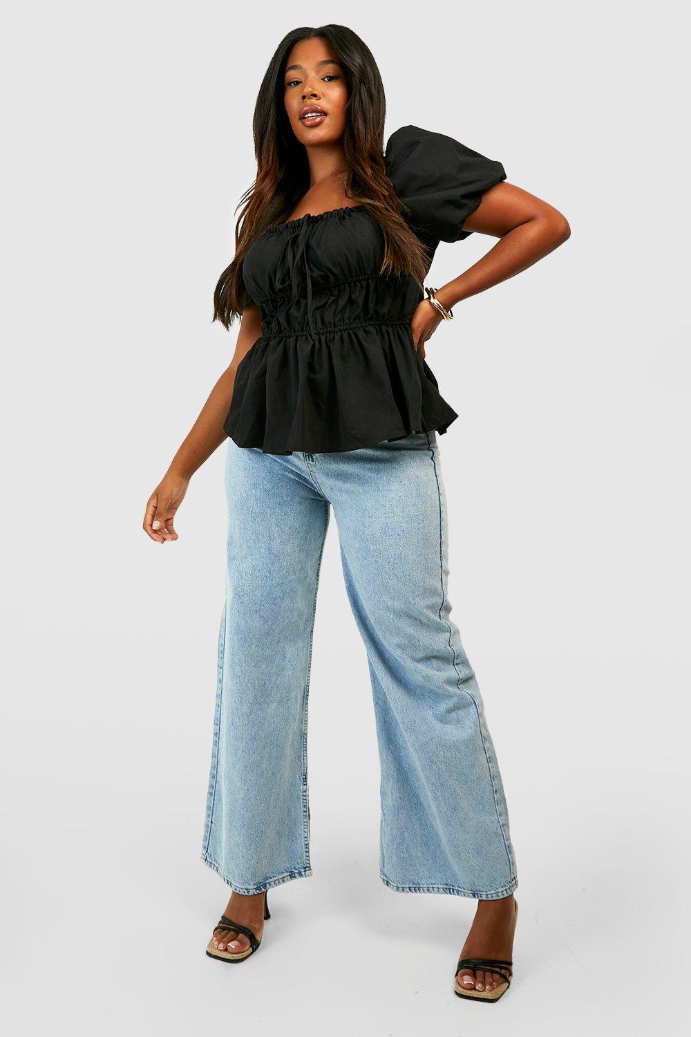 Off the shoulder shirred peplum online blouse