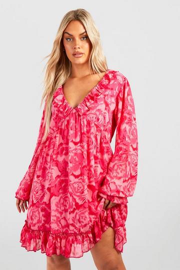 Pink Plus Printed Chiffon Wrap Smock Dress