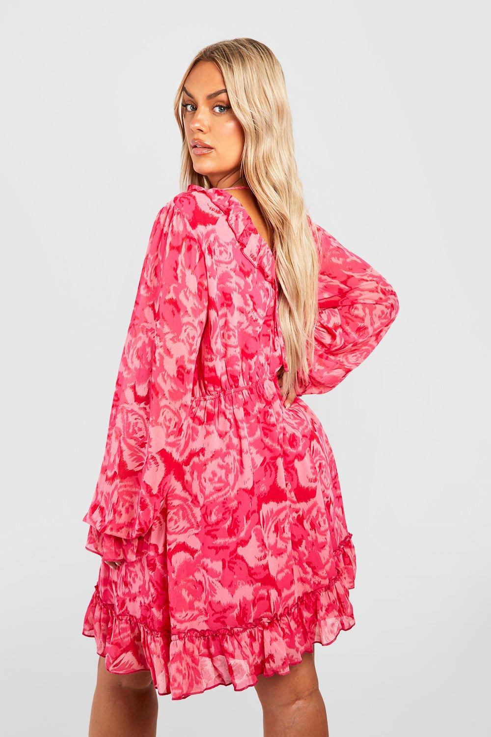 Plus Printed Chiffon Wrap Smock Dress