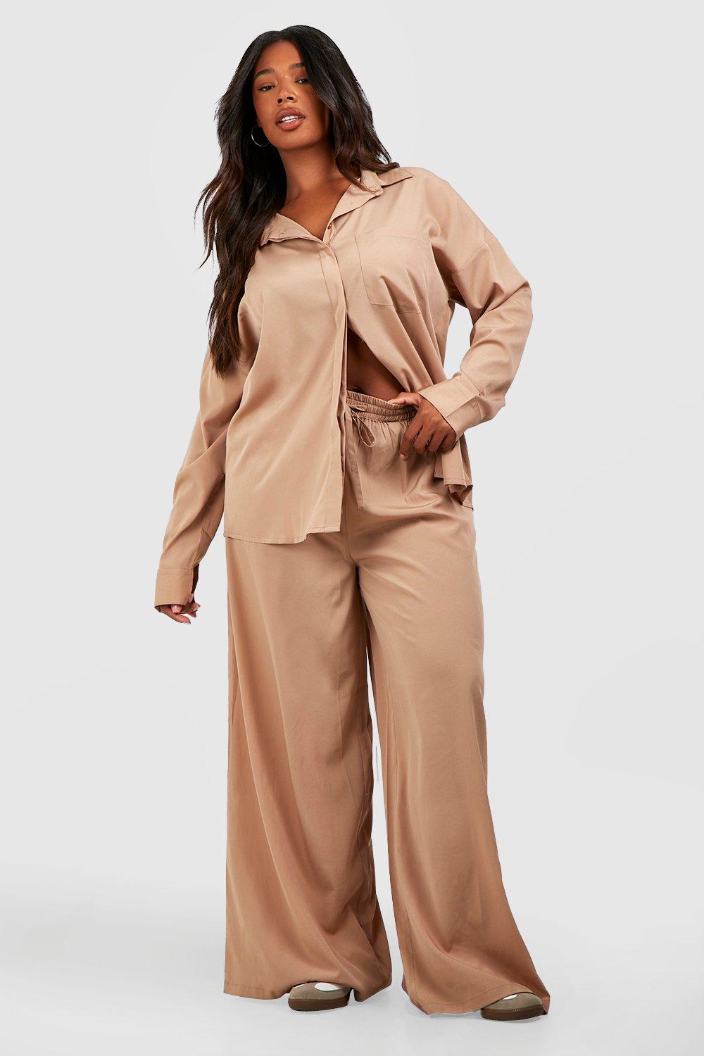 boohoo Plus Button High Waisted Wide Leg Pants - Beige - Size 22