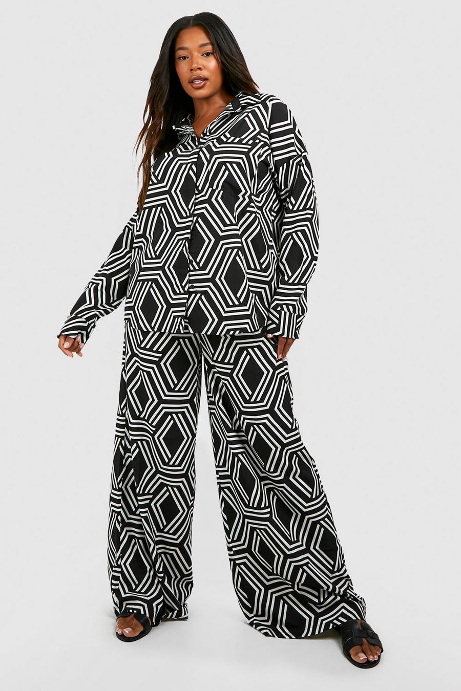 Camicia Plus Size oversize con stampa di motivi geometrici, Black