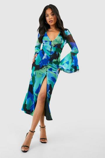 Blue Petite Abstract Mesh Flare Sleeve Midaxi Dress