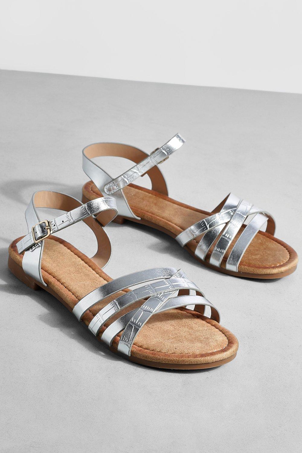 Metallic strappy 2025 flat sandals