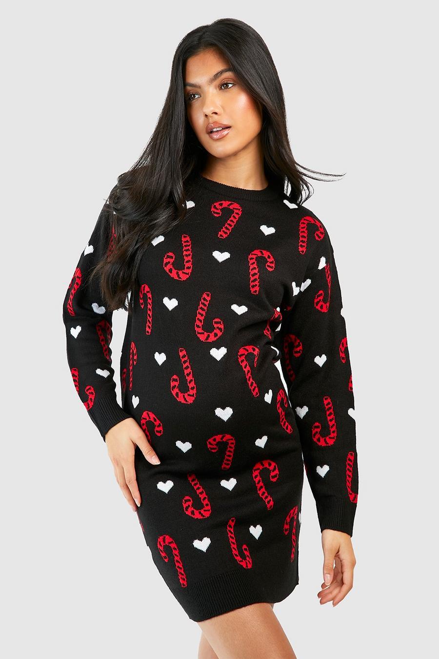 Black Maternity Candy Cane Christmas Sweater Dress image number 1