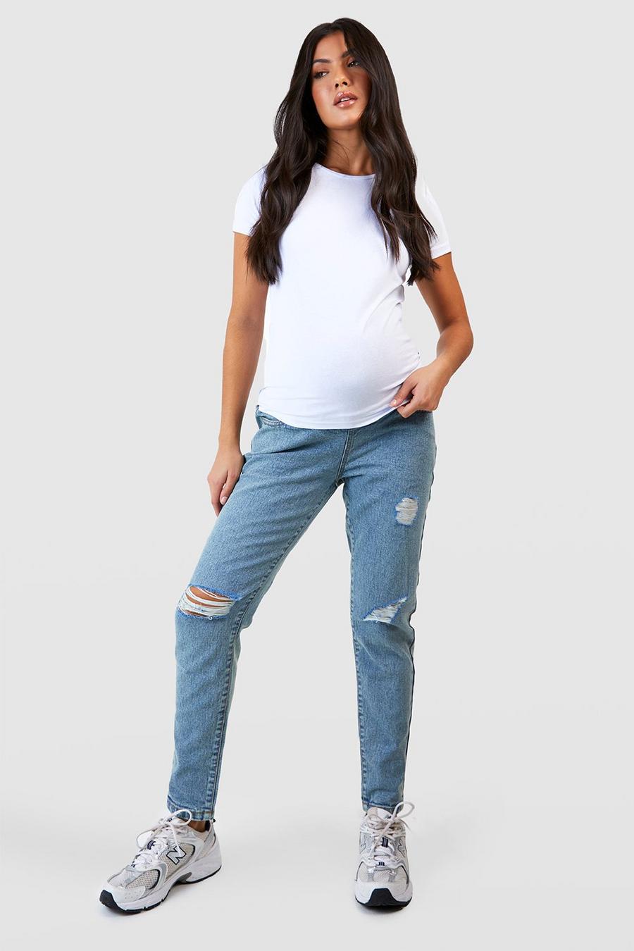 Washed blue Maternity Over Bump Ripped Mom Jeans image number 1