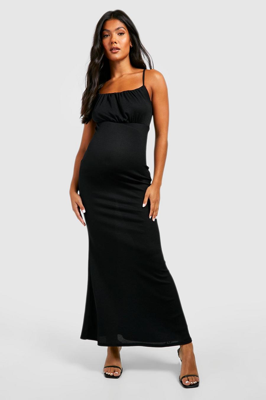 Black Maternity Ruched Bust Strappy Maxi Dress