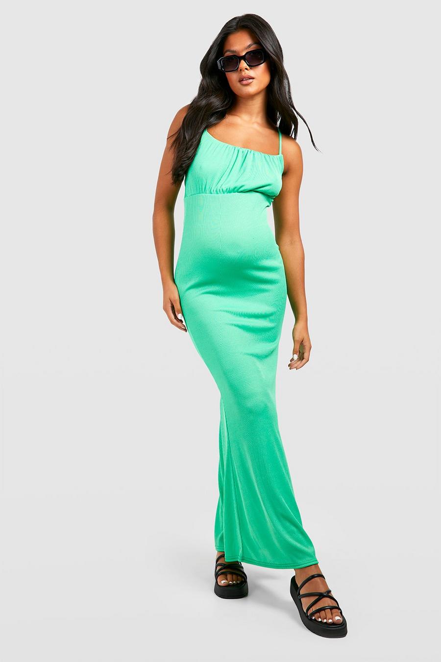 Maternité - Robe de grossesse longue froncée à bretelles, Bright green image number 1