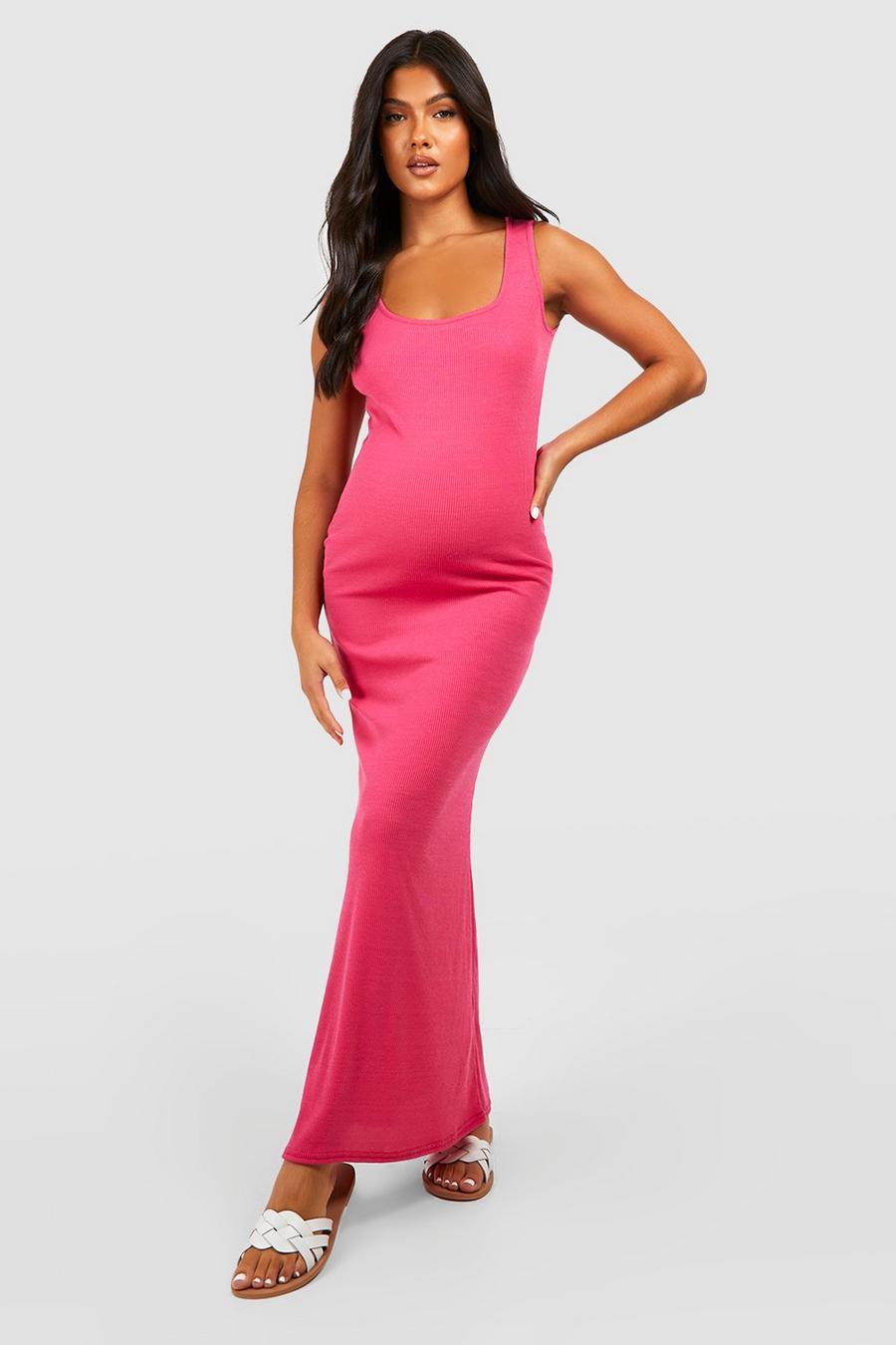 Hot pink Maternity Rib Scoop Neck Maxi Dress image number 1