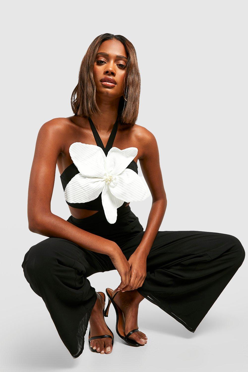 Black cropped wide store leg jumpsuit