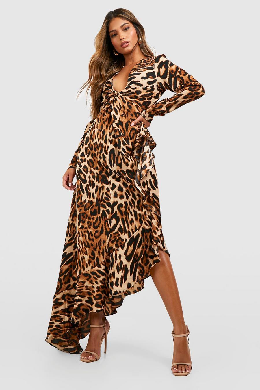 Vestito maxi leopardato asimmetrico con fondo arricciato, Brown