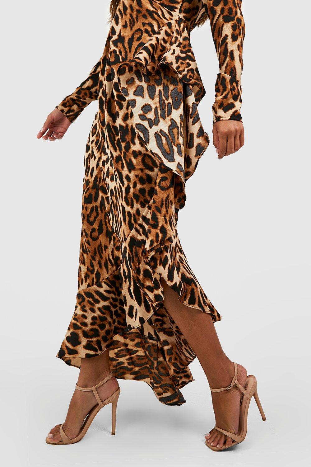 Leopard Print Asymetric Ruffle Hem Maxi Dress