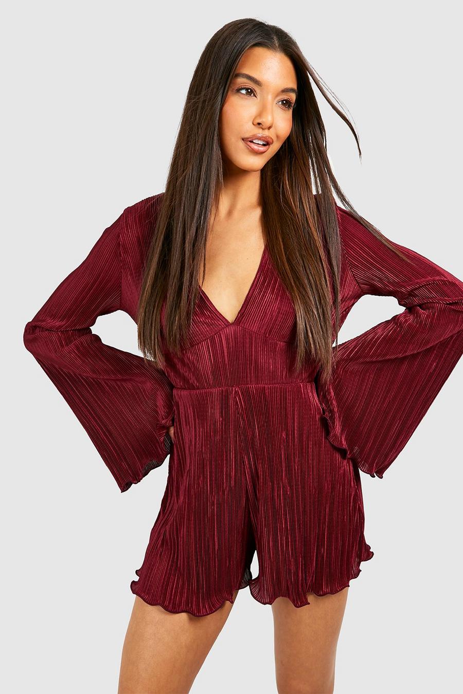 Berry red  Plisse Flare Sleeve Playsuit