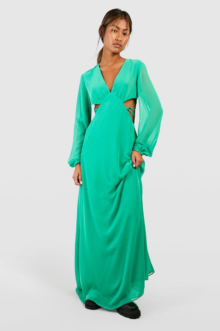 Green Plunge Cut Out Chiffon Maxi Dress image number 1