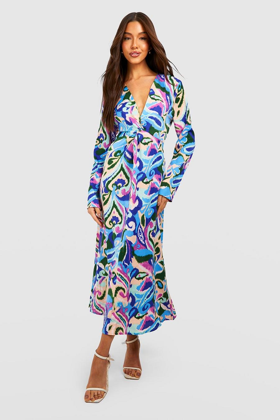 Blue Plunge Abstract Long Sleeve Maxi Dress