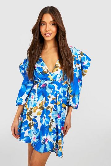 Puff Sleeve Floral Skater Dress blue