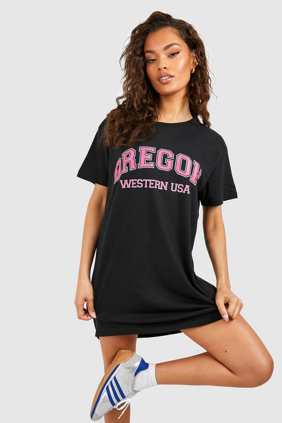 Vestito T-shirt oversize con scritta Oregon, Black