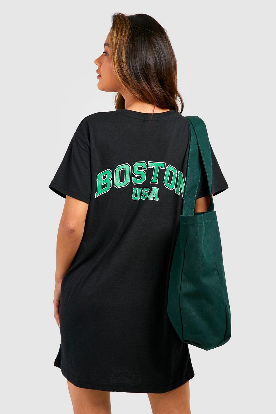 Vestido camiseta oversize con estampado de Boston, Black