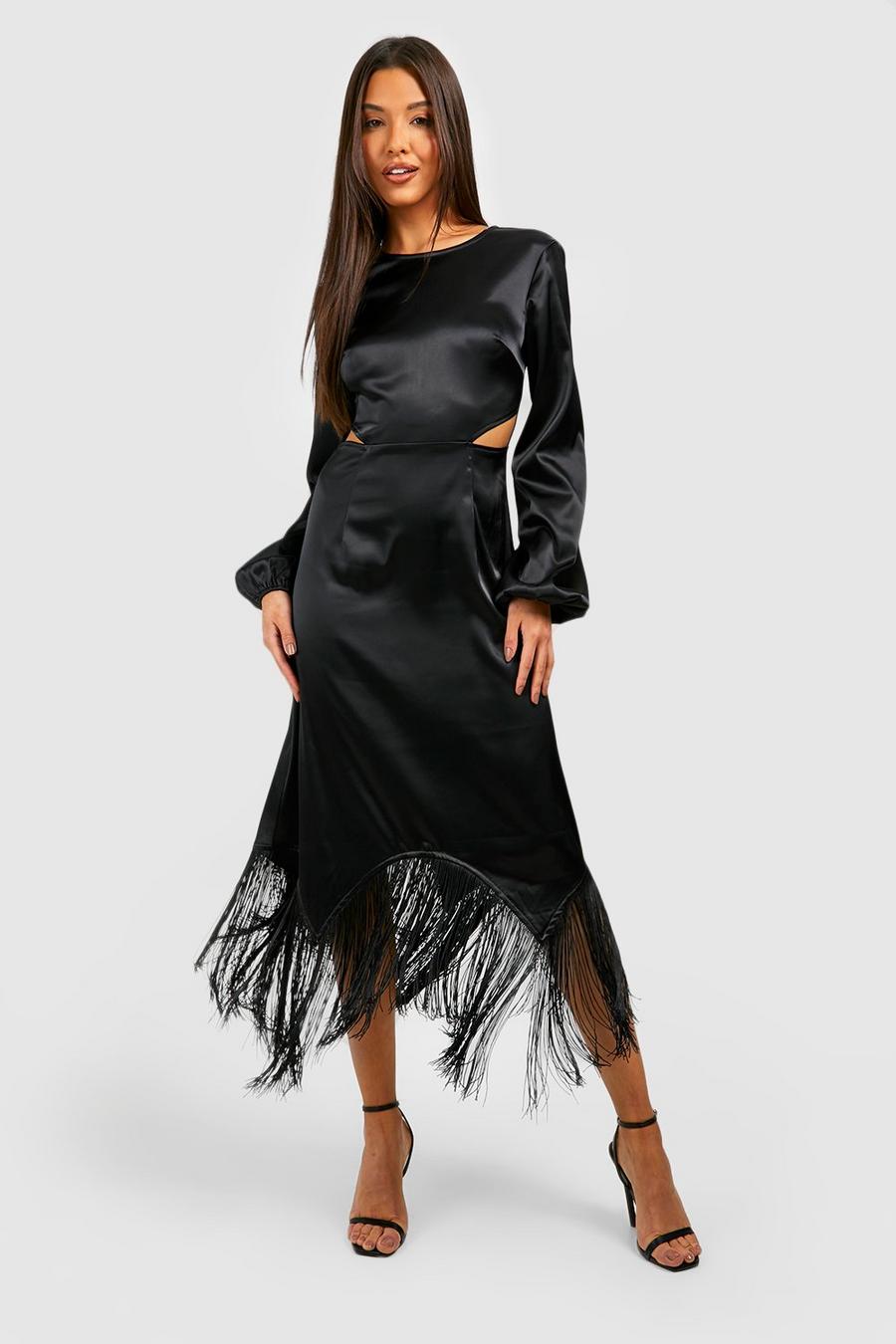 Black Satin Tassel Hem Cut Out Midi Dress image number 1