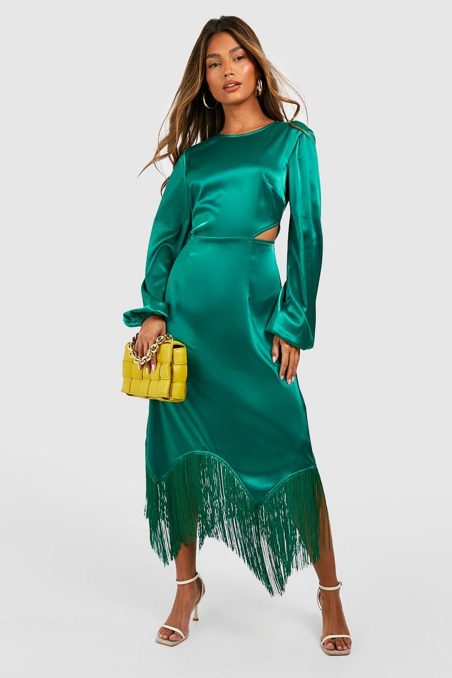 Green Satin Tassel Hem Cut Out Midi Dress image number 1