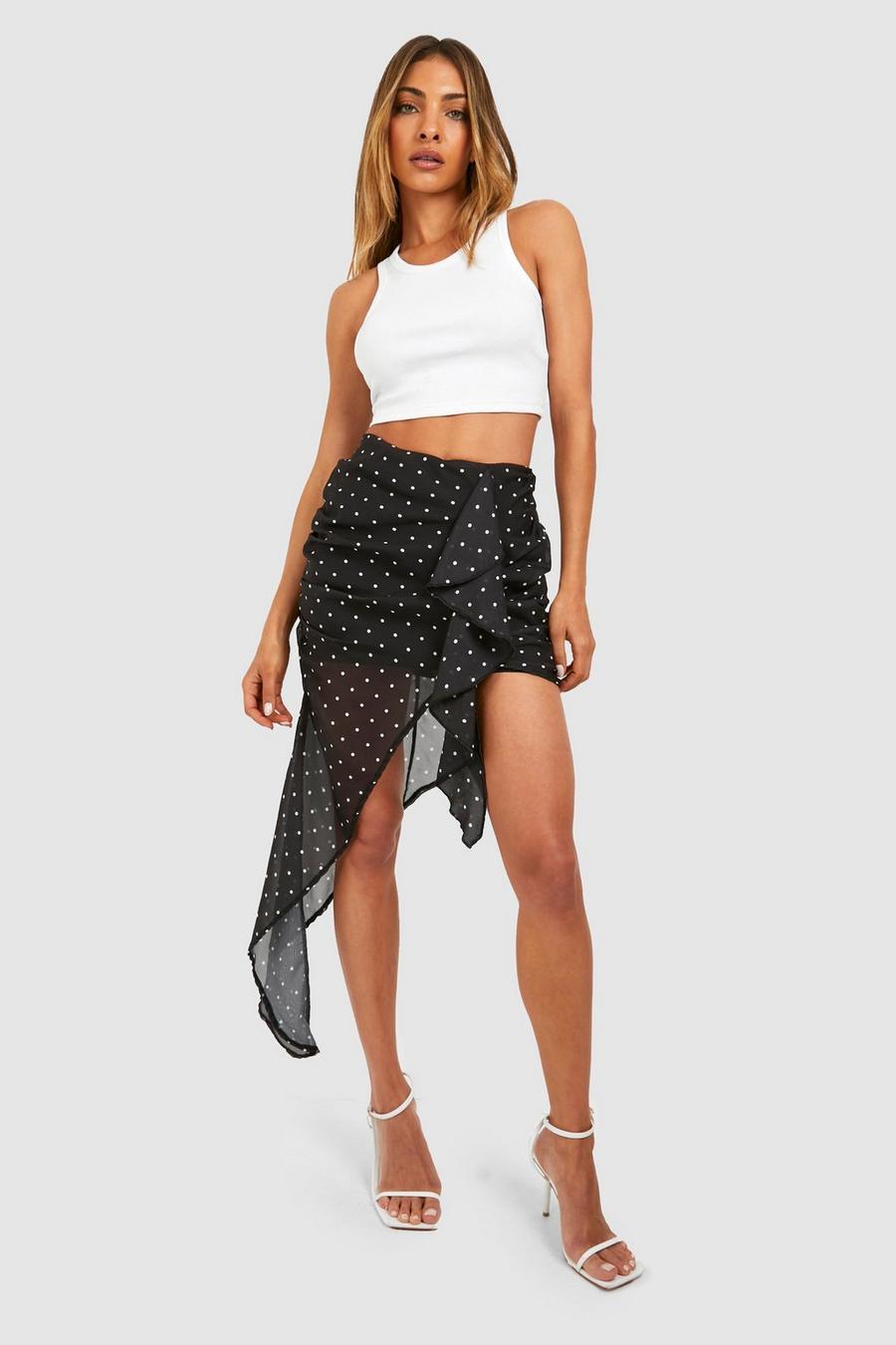 Black Chiffon Ruffle Polka Dot Asymmetric Skirt image number 1