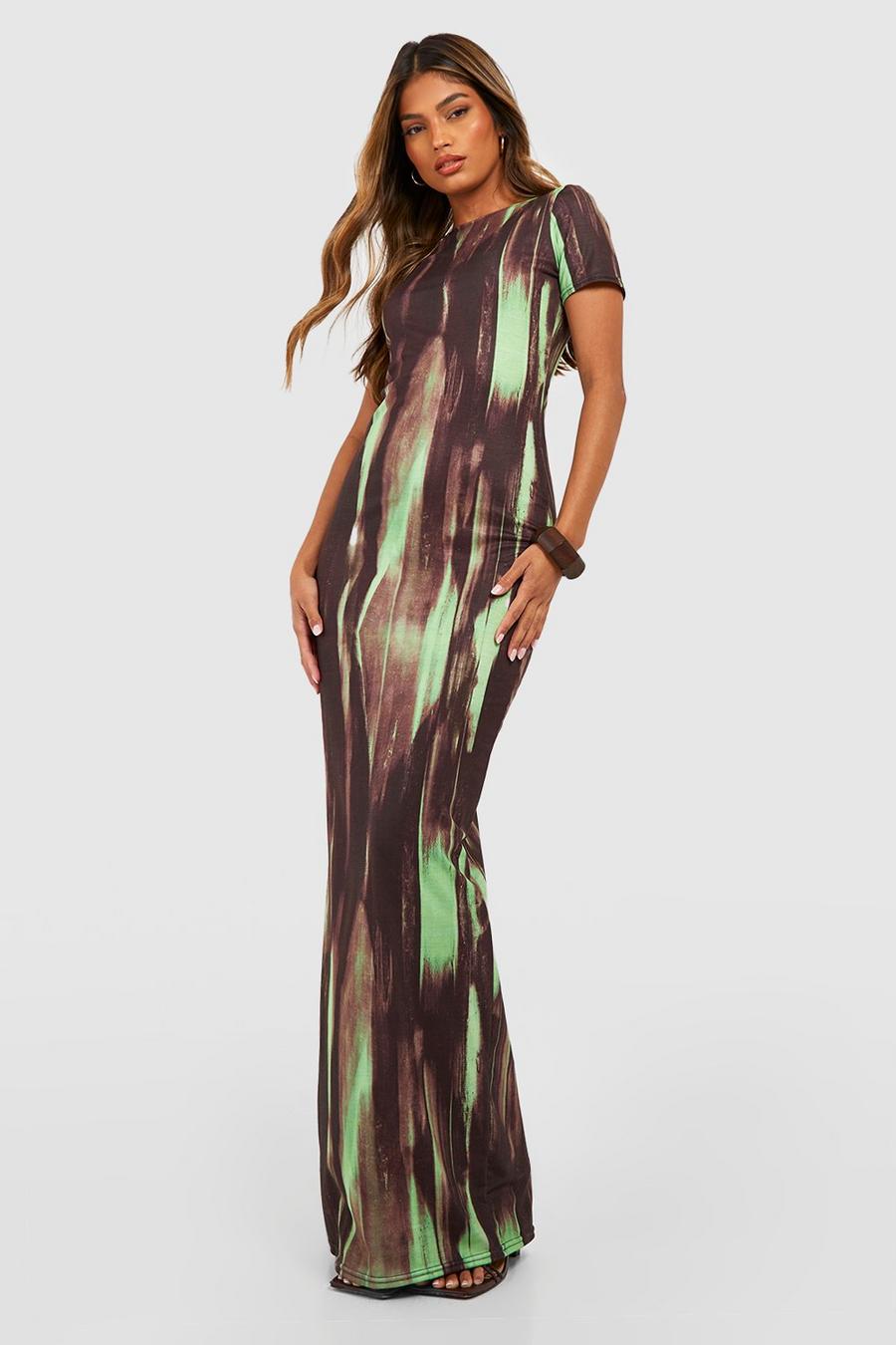 Green Abstract Cap Sleeve Maxi Dress image number 1