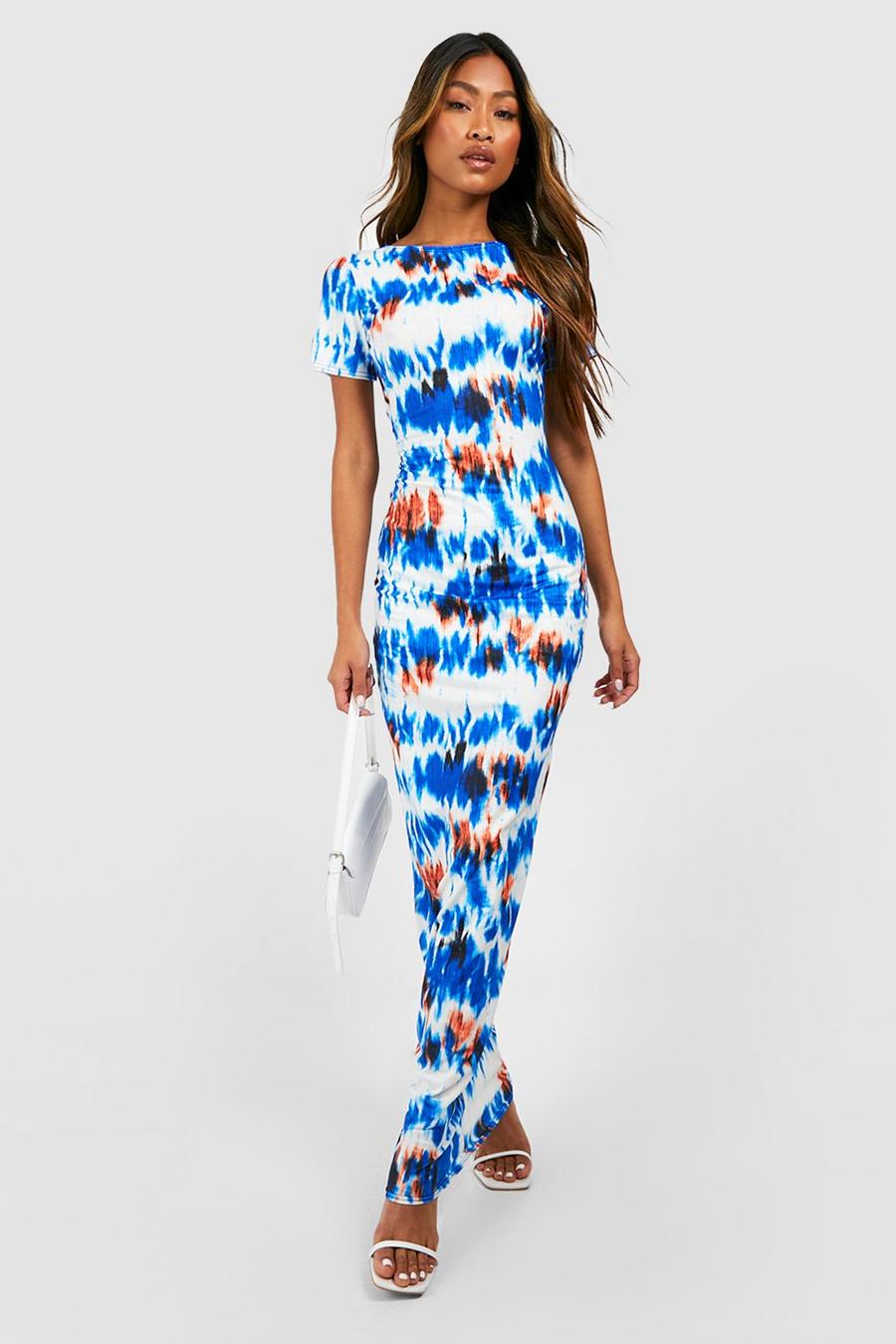 Vestido maxi con mangas casquillo y estampado abstracto, Blue image number 1