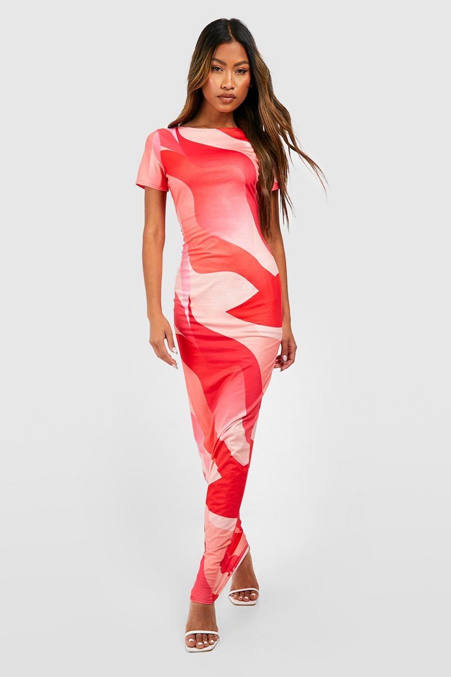 Pink Abstract Cap Sleeve Maxi Dress