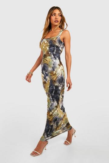 Green Abstract Square Neck Maxi Dress