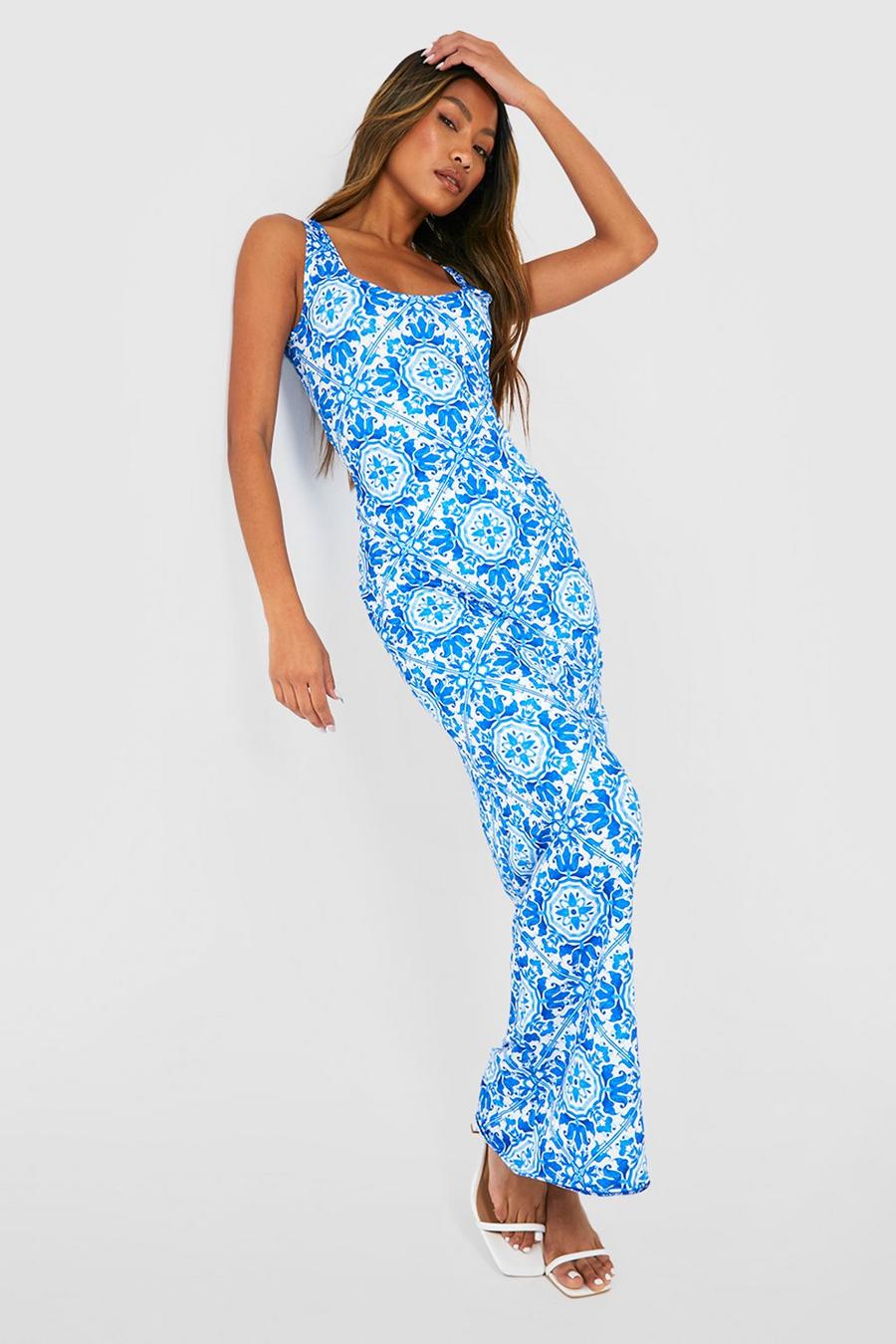 Blue Tile Print Maxi Dress