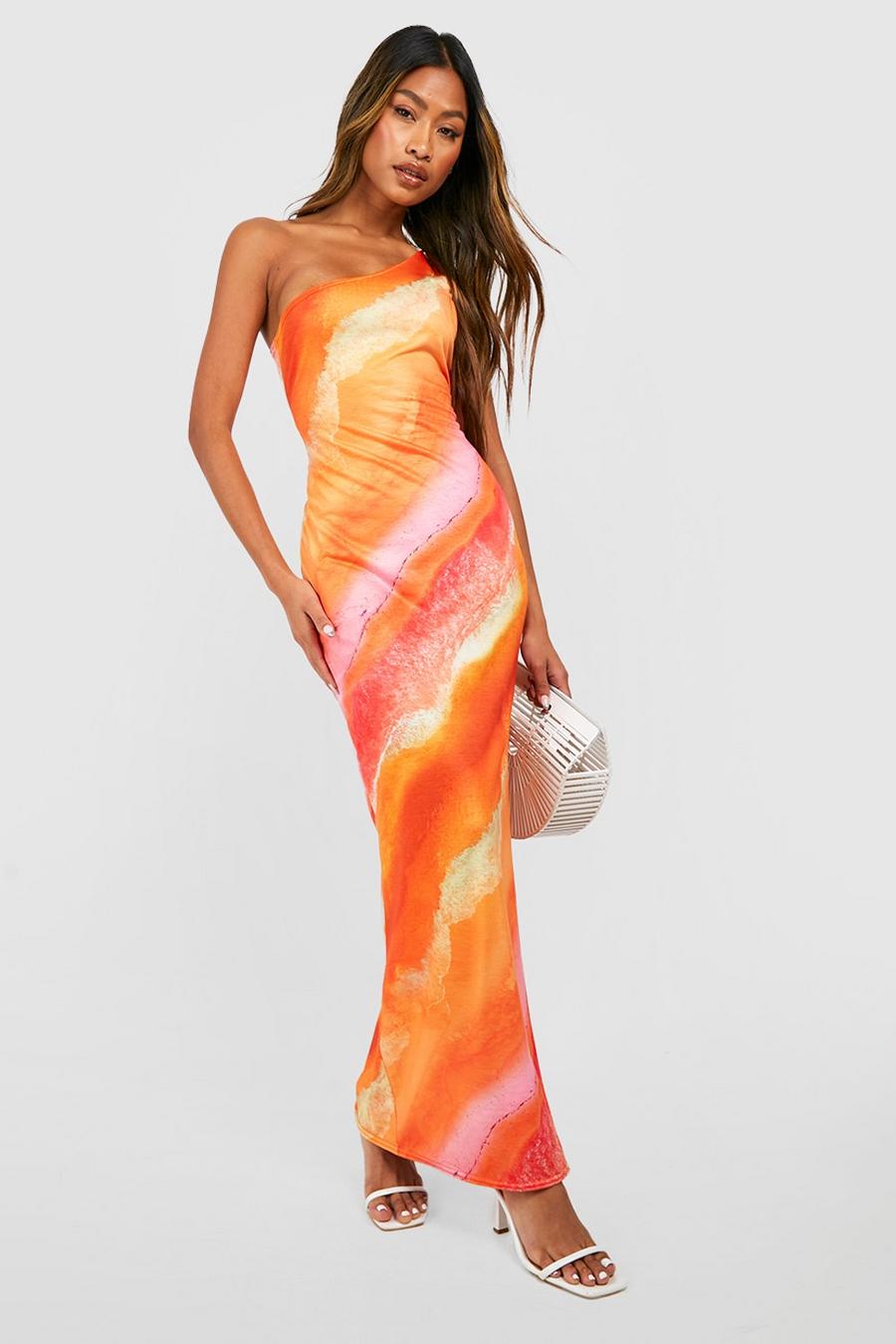 Orange Abstract Print Asymmetric Maxi Dress image number 1