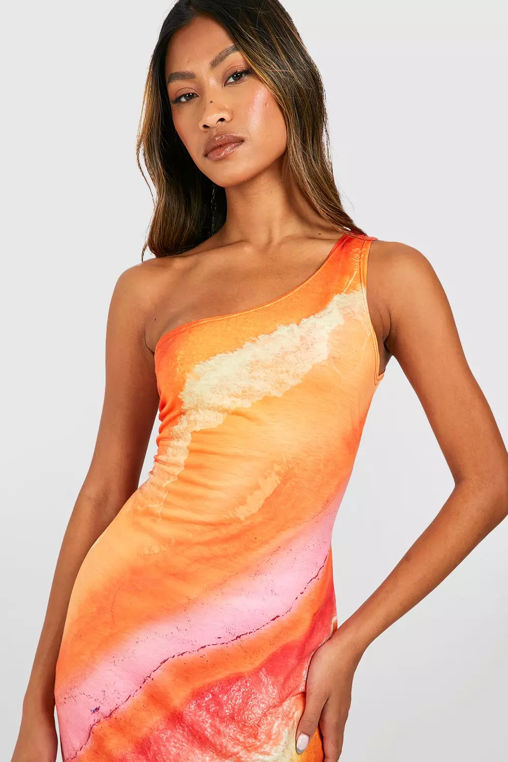 Orange Abstract Print Asymmetric Maxi Dress alternative image