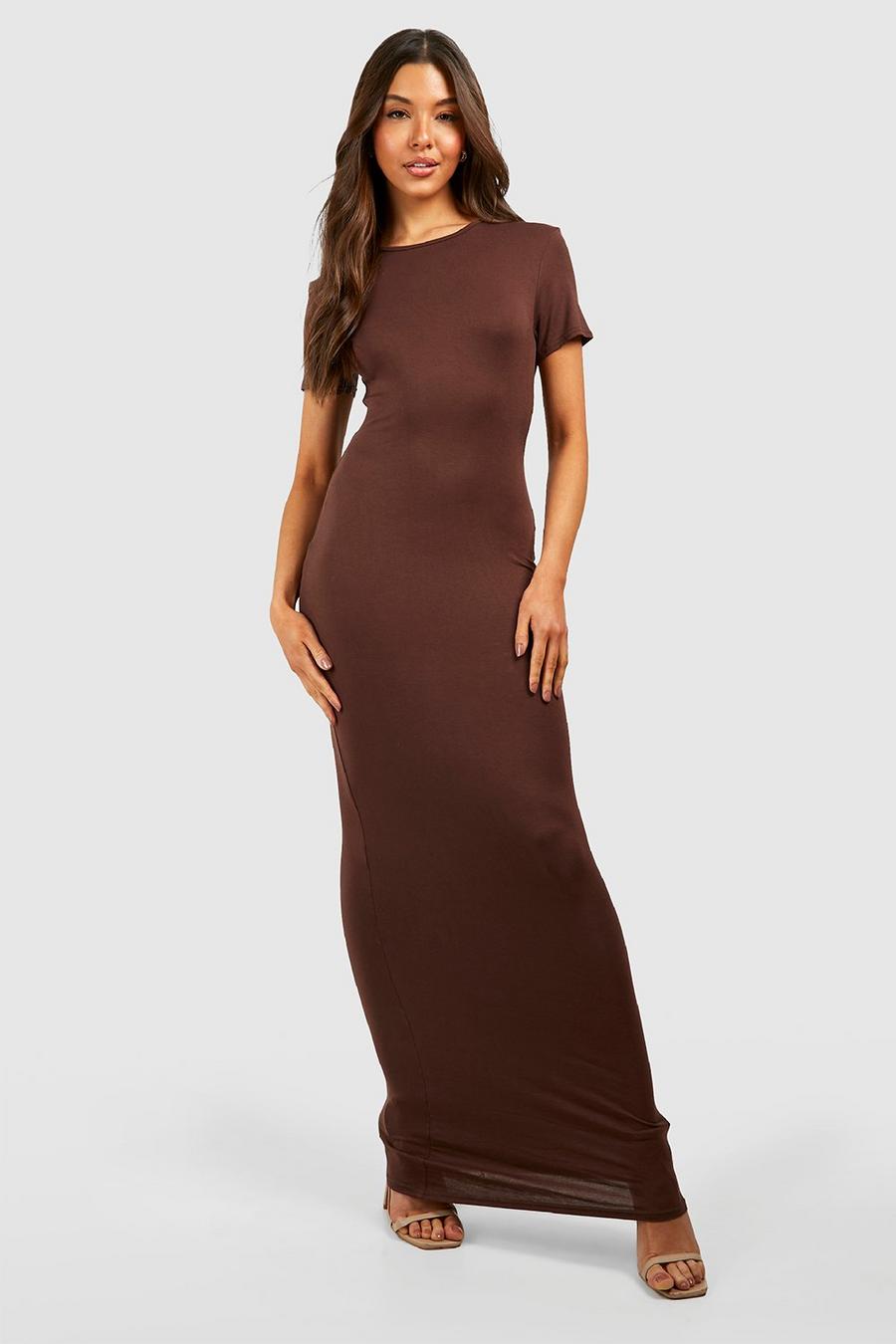 Chocolate brown Short Sleeve Basic Maxi Dress