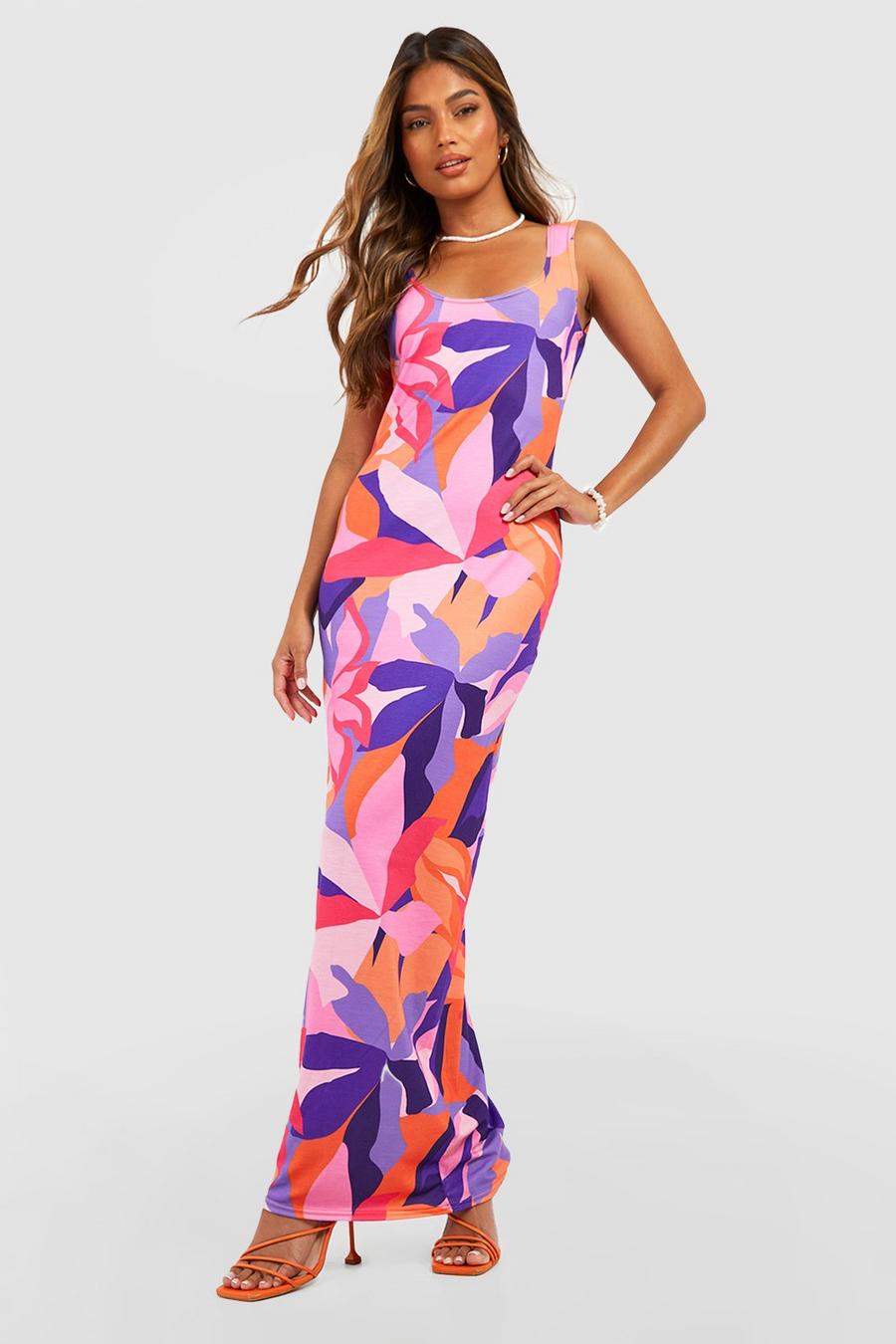 Pink Abstracte Maxi Jurk Met Lage Ronde Hals