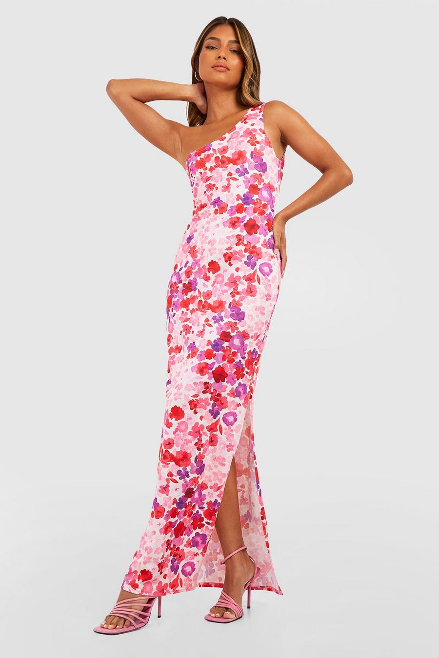 Pink Disty Floral One Shoulder Maxi Dress