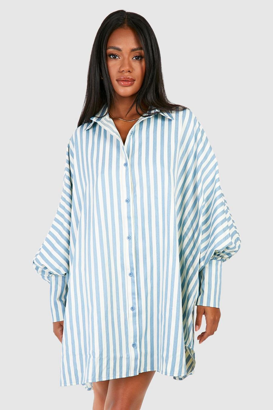 Blue Pinstripe Puff Sleeve Shirt Dress