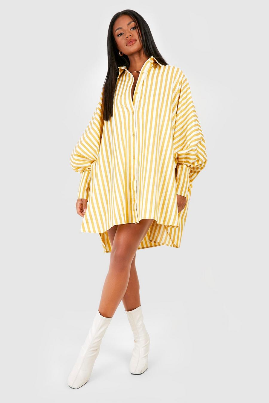 Mustard Pinstripe Puff Sleeve Shirt Dress image number 1