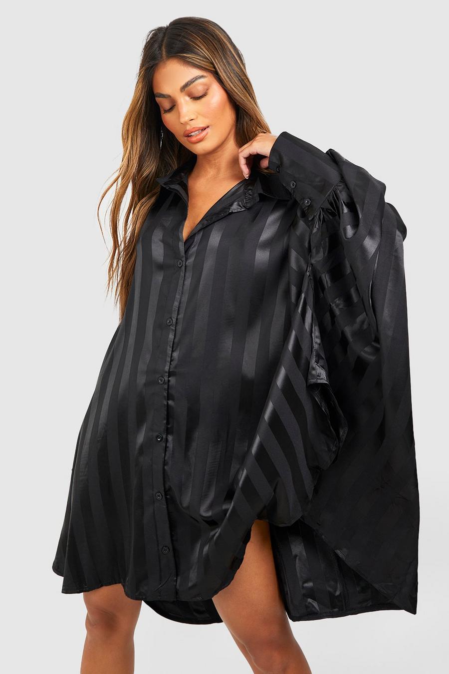 Vestido camisero de rayas con mangas abullonadas, Black image number 1