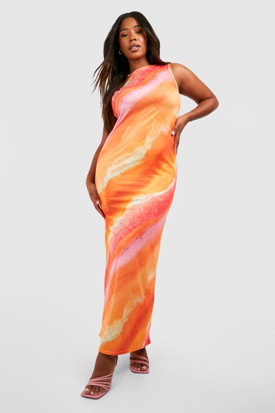 Orange Plus Abstract Racer Neck Jersey Knit Maxi Dress image number 1