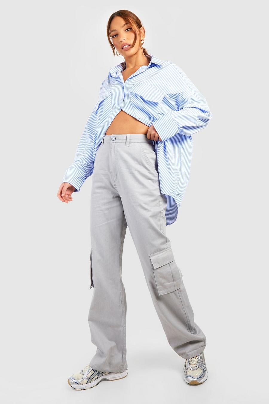 Grey Tall High Waisted Twill Straight Leg Cargo Pants strappy image number 1