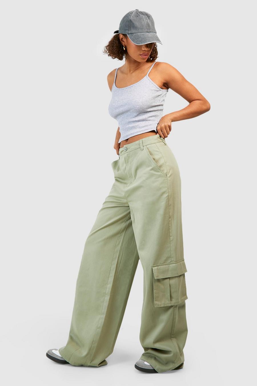 Washed khaki Tall Relaxed Fit Twill Cargo Wide Leg Pants image number 1