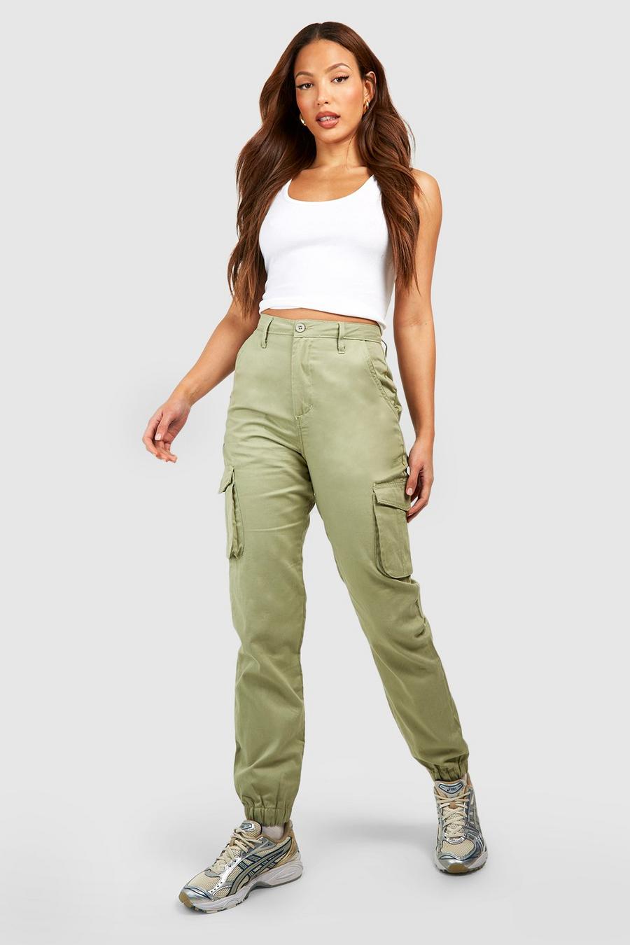Washed khaki Tall High Waisted Twill Cargo Track Pants image number 1